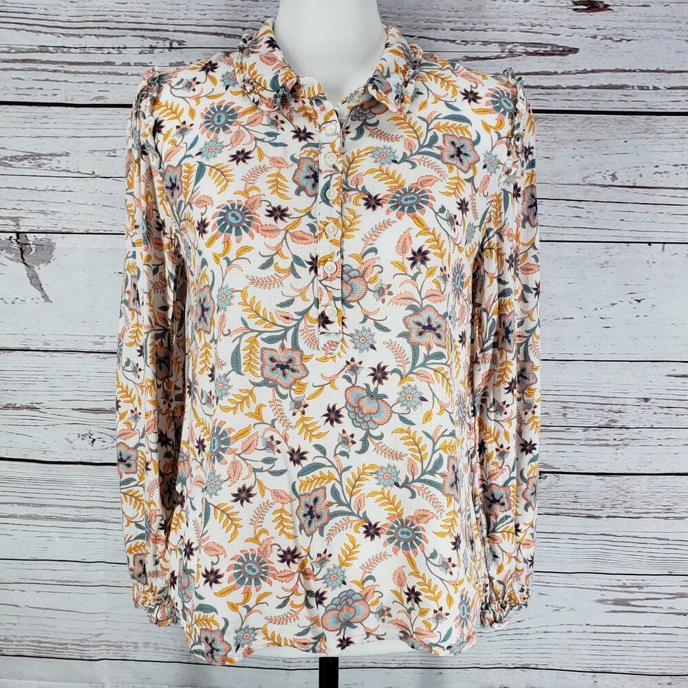 Lucky Brand Multicolor Floral Soft Ruffled Half Button Top Size Small Petite